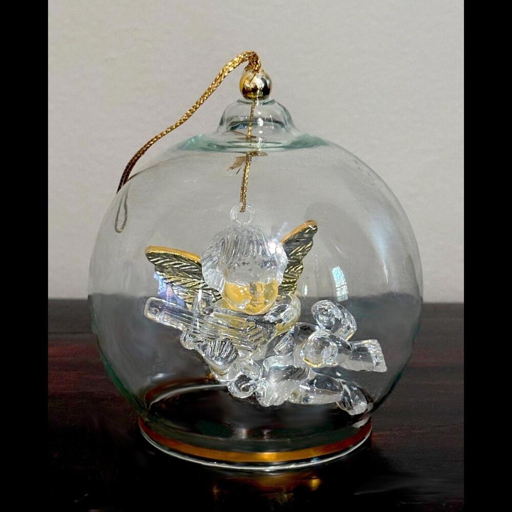 Glass Bell Angel with Violin Christmas Ornament Clear Acrylic Gold Wings Cherub